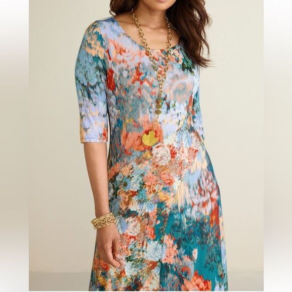 Soft Surroundings Women Nanette Dress short sleeve maxi Red Gray sundress Neck M - Picture 3 of 14